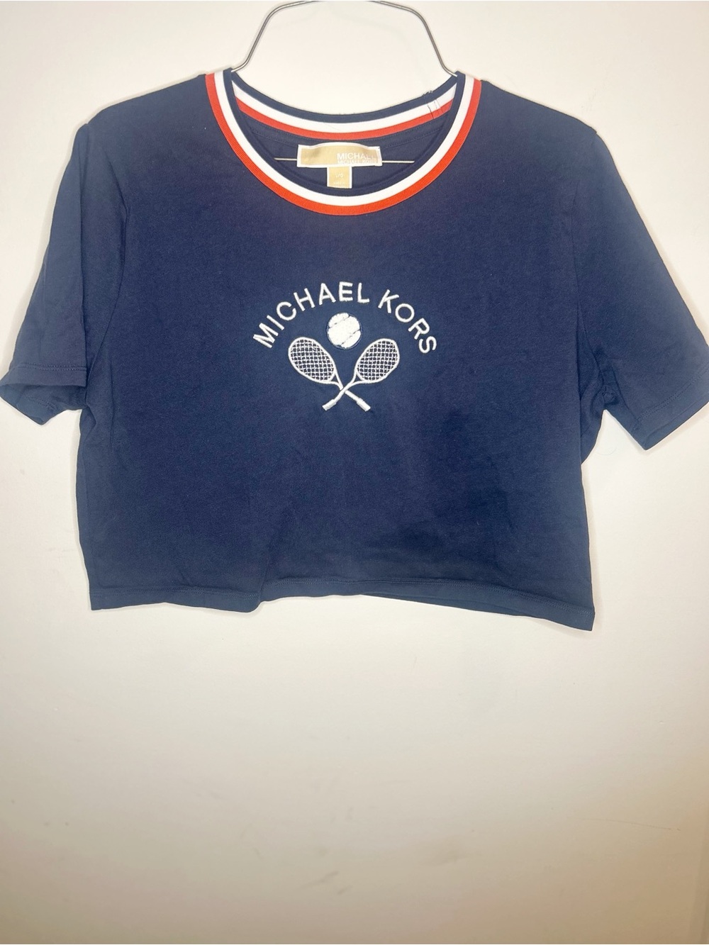 Michael Kors Navy Crop Tee with Tennis Logo and Red-Trim Collar